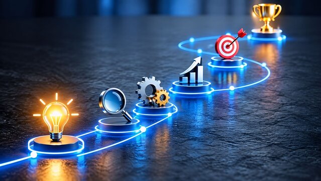 Business growth roadmap and strategy concept with glowing icons on dark background success path target goal
