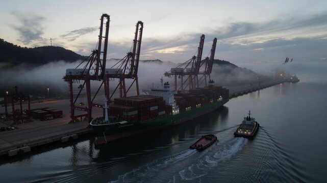 Dock lights signaling tugboat guiding container ship off quay at dawn, three gantry cranes looming