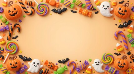 Fototapeta premium A delightful halloween border brimming with iconic symbols like pumpkins playful ghosts and a colorful assortment of candies creates a festive and inviting atmosphere perfect