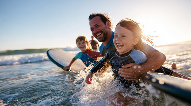 Premium commercial family surf lesson scene featuring a smiling parent and two kids in colorful rash guards holding soft-top boards in shallow warm water, gentle sunrise waves, saf