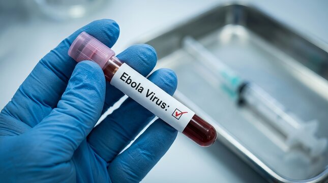 Medical worker holding test tube labeled ebola virus in laboratory