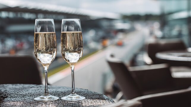 Two elegant champagne glasses on a table overlooking a blurred professional racing circuit track