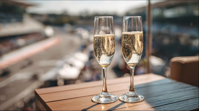 Two sparkling champagne glasses on a wooden table overlooking a blurred professional racetrack