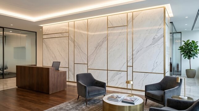 Luxury modern office reception area, white marble accent wall with gold trim, upscale corporate waiting lobby interior