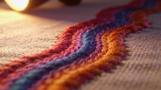 Shifting macro camera revealing multicolored braided yarn on craft table, showing texture and color