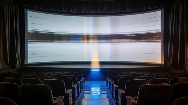 Projector lamp powering, curved screen showing shifting bands in small cinema for film viewing