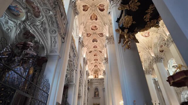 Detailed View Of Ornate Ceiling Frescoes And Paintings In Mariazell Basilica