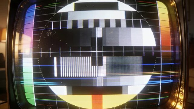 Powering on vintage CRT TV showing circular gray test pattern in living room with moving scanlines