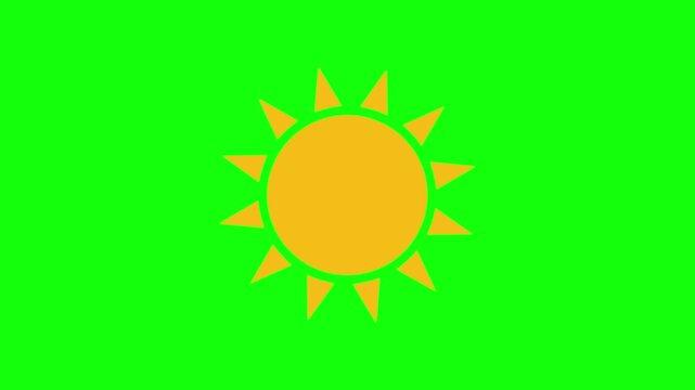 Simple yellow sun icon with triangular rays rotating on green screen background for summer animation