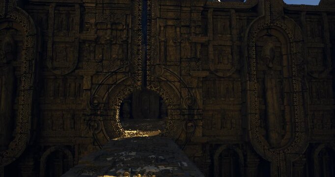 grand facade and sunlit passage to inner vault, ornate exterior carved with reliefs, long perspective draws viewer inward, atmosphere of monumental antiquity
