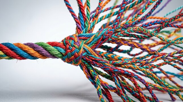 Colorful braided ropes unraveling together in complex knot formation indoors