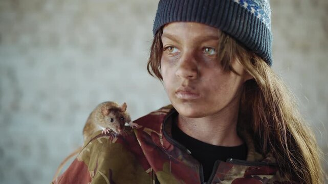 Close up of survivor in wool hat with dirt smeared face standing still inside abandoned shelter while rat perches calmly on shoulder, both gazing in same direction, symbolizing hardship