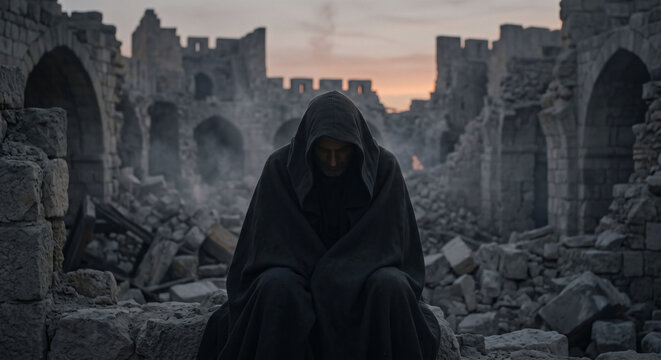Jerusalem sitting alone in mourning, Lamentations 1 Old Testament biblical scene, desolate city, weeping and grief, religious illustration