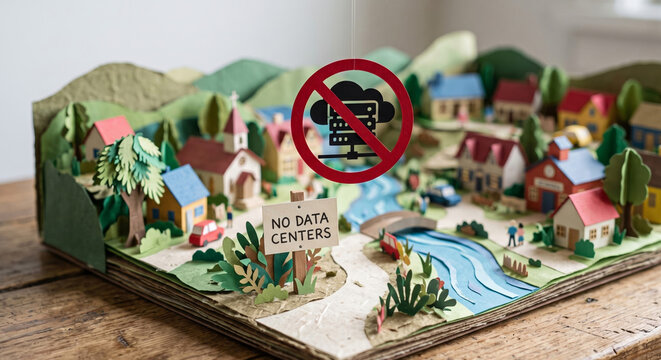 Intricate papercraft diorama depicting a beautiful miniature town and winding river. A floating red prohibition circle boldly rejects local data center developments.