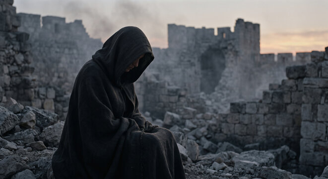 Jerusalem sitting alone in mourning, Lamentations 1 Old Testament biblical scene, desolate city, weeping and grief, religious illustration