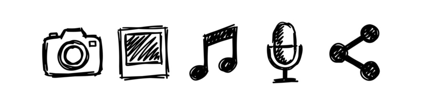 Set of hand-drawn multimedia and social media doodle icons including camera, photo frame, music note, microphone, and share symbol isolated on white background.