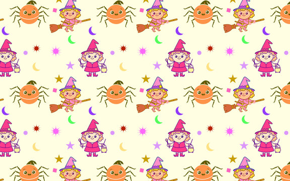 Cute Halloween seamless pattern with cartoon witches, pumpkins, spooky characters, stars, and colorful festive elements.