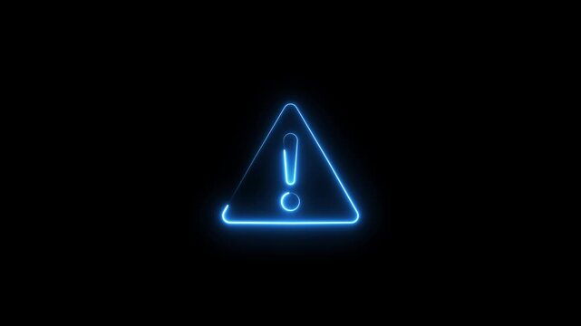 Glowing blue neon warning sign triangle with exclamation mark animation for system alerts and errors