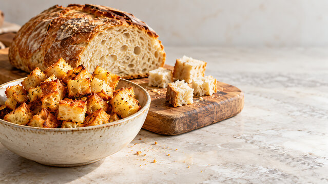 Golden bread croutons in a bowl beside a rustic loaf