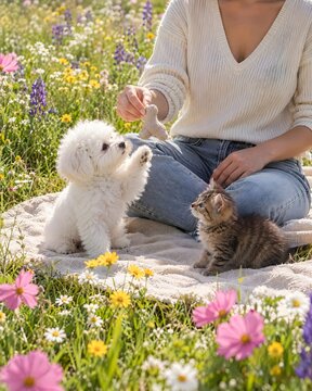 Cute fluffy white puppy sitting and playful kitten with owner in sunny flower garden stone path, fresh natural outdoors composition for smartphone lockscreen screen