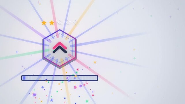 Level up hexagon badge with rank stars and XP bar victory burst