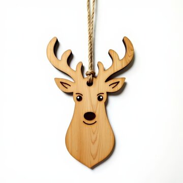 Fsc maple wooden reindeer ornament with engraved simple features and hemp cord, ecofriendly christmas decoration on white background