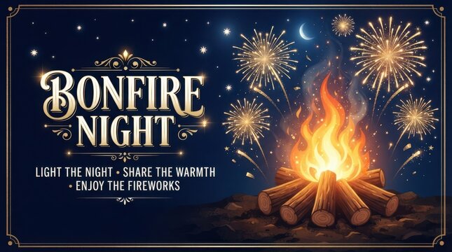 Bonfire night celebration poster with bright fireworks, a glowing campfire, and elegant typography on a dark starry sky