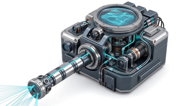 Subsurface Scanning Probe with Multi-Beam Laser Emitter, High-Gloss Chrome Neon Cyan Lines Style, Tech Render