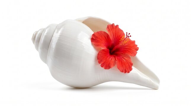 A beautiful spiraling white conch shell adorned with vibrant red hibiscus flowers evoking a sense of tropical serenity