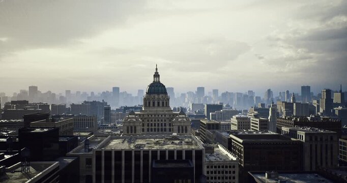 neoclassical dome amid modern towers, architectural study perspective highlighting dome details, columned facade and surrounding glass towers under soft light,