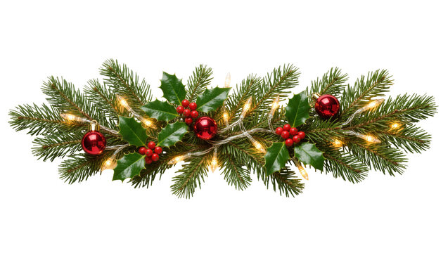 Christmas garland with fir branches holly leaves red berries baubles and lights, isolated on transparent background