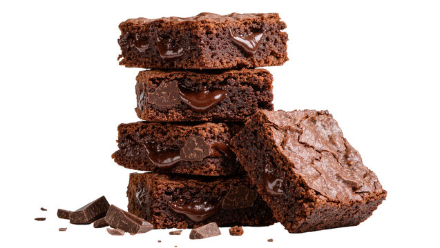 Stack of rich dark chocolate brownies with gooey melted chocolate chips, isolated on transparent background