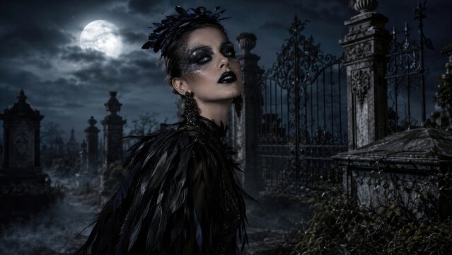 Woman in black feather costume at ornate cemetery gate beneath full moon. Halloween beauty and fashion. Gothic beauty and alternative fashion. Halloween costume party and carnival.