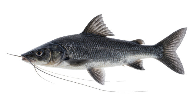 Dark grey freshwater fish with long barbels, isolated on transparent background