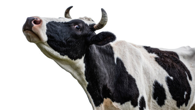 Black and white Holstein cow head tilted upwards, isolated on transparent background