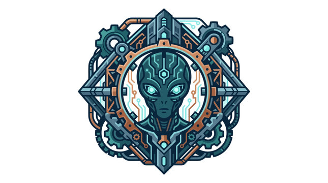 Alien Cyborg Head Emblem with Futuristic Circuitry and Gears