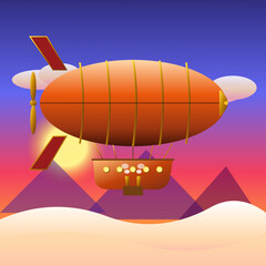 Whimsical Cartoon Steampunk Airship Zeppelin Sunset Voyage Vector © busan