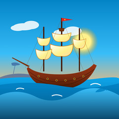 Whimsical Cartoon Pirate Galleon Ship Billowing Ocean Waves Vector © busan