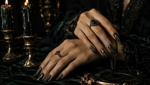 Hands with ornate black Halloween nail art and gothic rings. Candlelit velvet accessories. Halloween beauty and fashion. Costume party and carnival style. Gothic glamour.