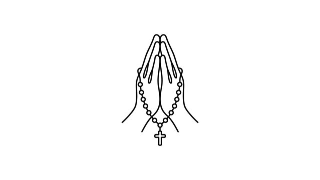 Minimalist line art illustration of praying hands holding a rosary with a cross.