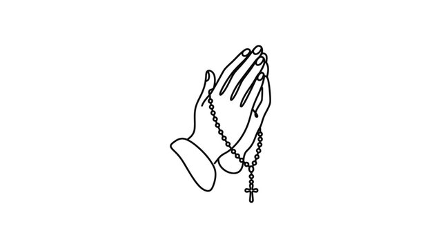 Line art illustration of two hands clasped together in prayer holding a rosary.