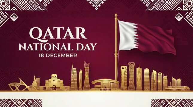 Qatar national day celebration background with golden skyline and national flag