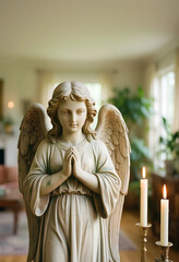 Fototapeta premium Spirituality and peace, stone angel statue with hands in prayer and burning candles in a quiet home interior for meditation and religious reflection