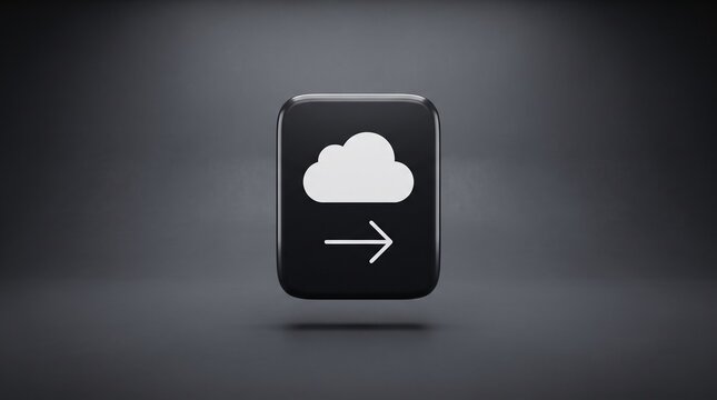 Black cloud storage device icon floating against a dark background with data backup cloud computing file sharing technology internet download abstract minimalist