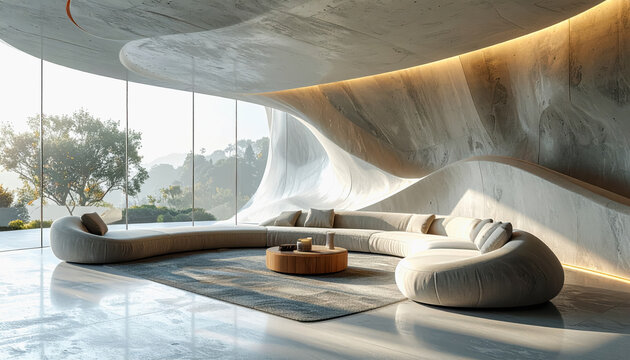 Modern organic architectural living room with curved concrete walls and modular sofa