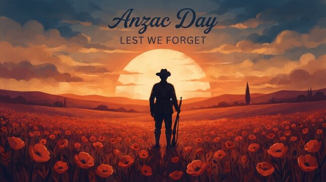 Anzac day silhouette of a soldier standing in a field of red poppies at sunset with the text lest we forget
