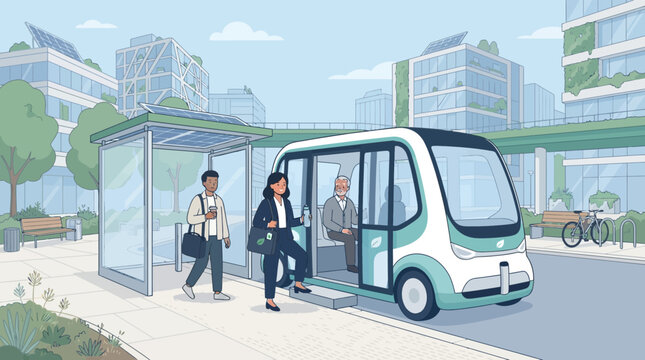 Autonomous shuttle bus arriving at modern city bus stop with passengers