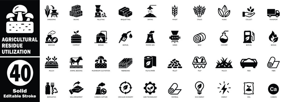 Agricultural residue utilization solid icon set. Containing residue, biomass, utilization, recycling, sustainability, energy, renewable, biofuel, waste, biogas, organic. Editable Vector Illustration.