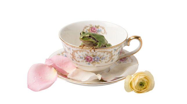 Whimsical green tree frog sitting in a vintage floral teacup, antique porcelain tea cup with pink rose petals, cottagecore aesthetic animal portrait isolated PNG with Transparent Background