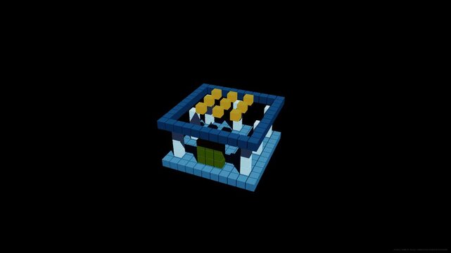 3D rotating abstract cube structure with yellow, blue, green, and white blocks on black background